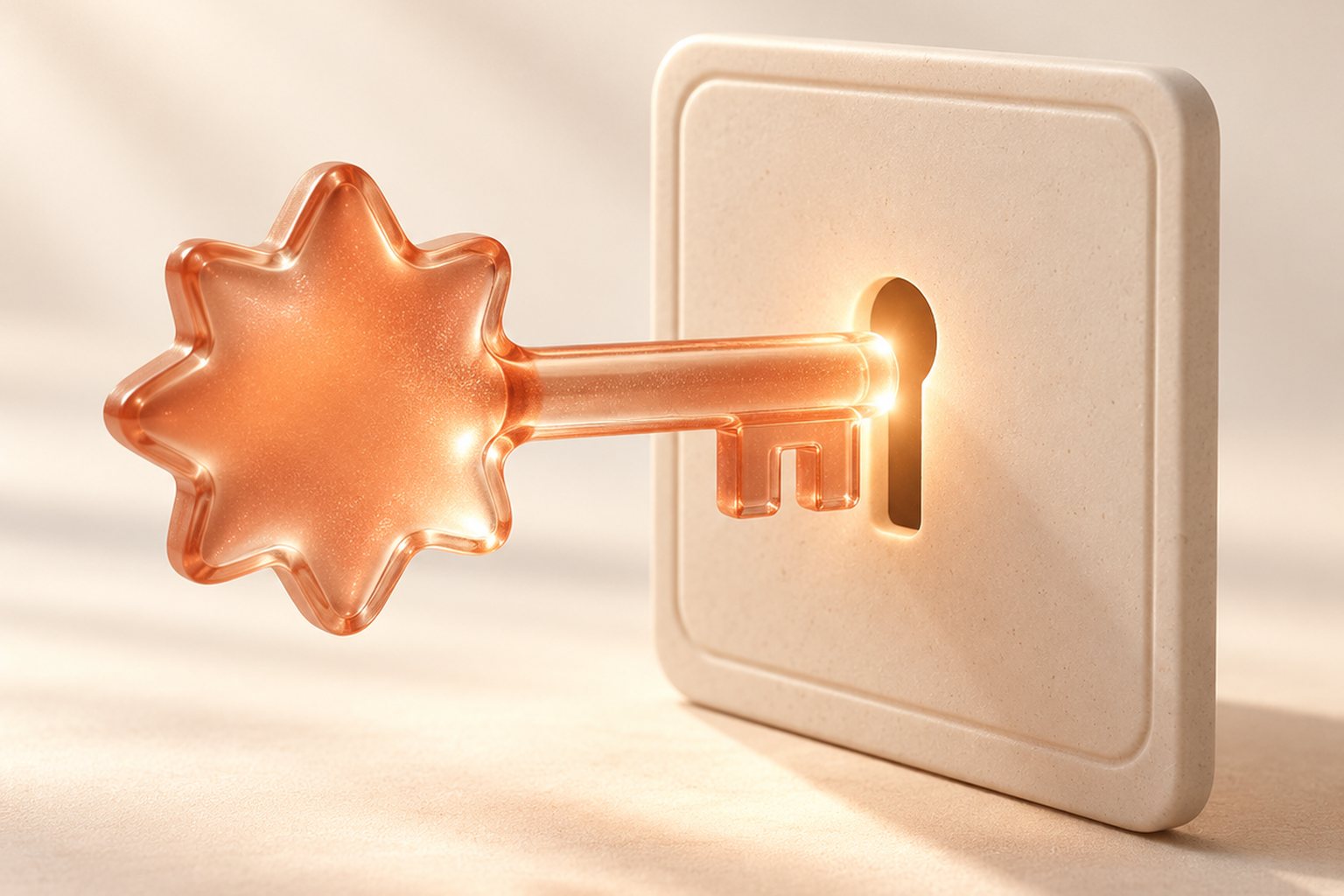 Terracotta glass key sliding into a cream account card