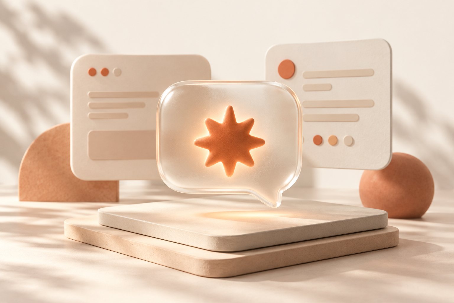 Warm terracotta glass illustration of a Claude AI chat bubble